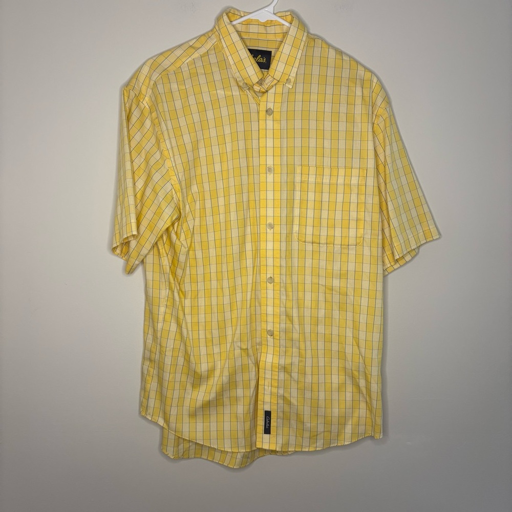 Cabela's Men's Medium Yellow Plaid Button Down Shirt short sleeve work travel
